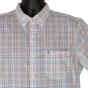 IZOD Plaid Button Up Short Sleeve Casual Shirt Orange Blue White Mens Large‎